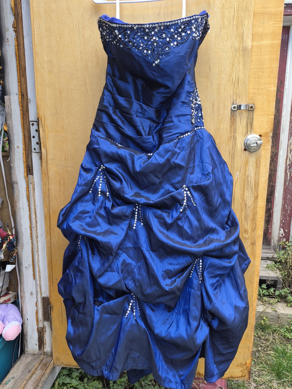 Womens Blue Strapless Beaded Ball Gown Dress